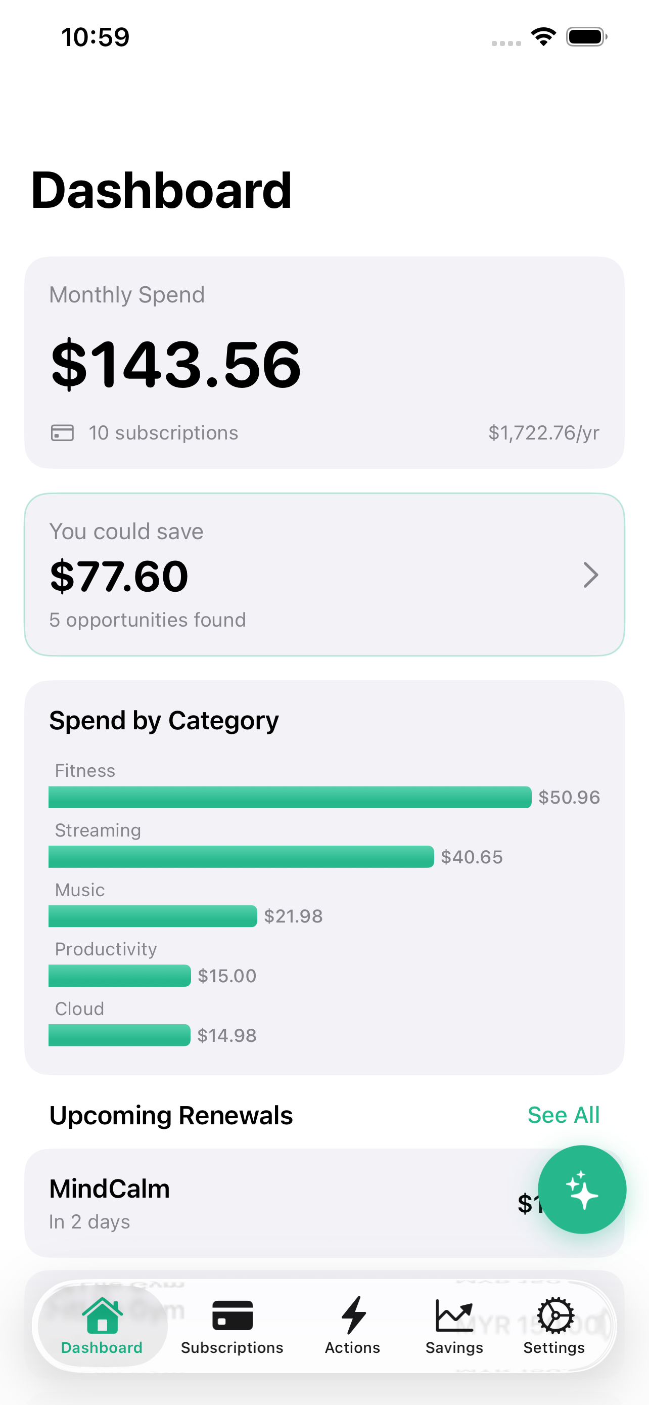 ProactiveAgent dashboard showing monthly spend and upcoming renewals