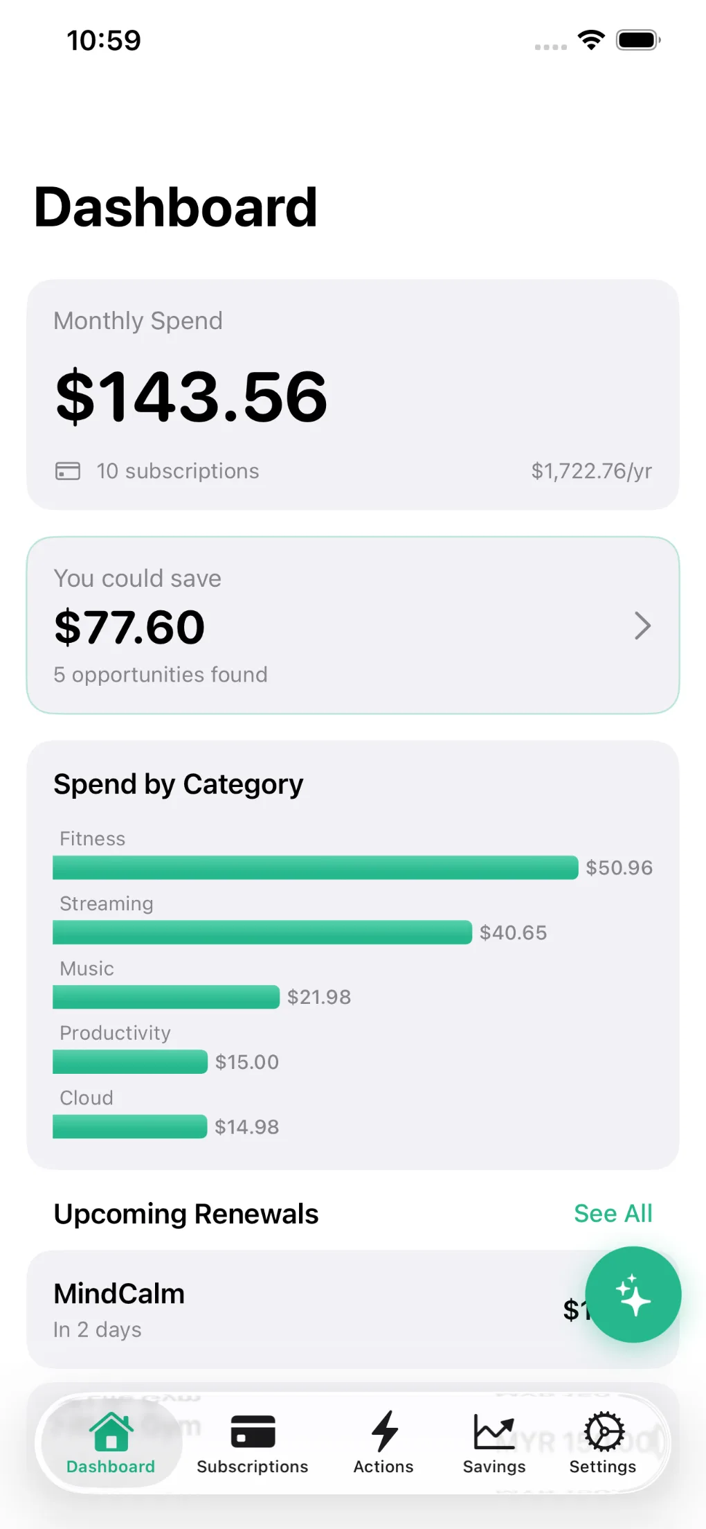 Proactive Agent dashboard showing monthly spend and upcoming renewals