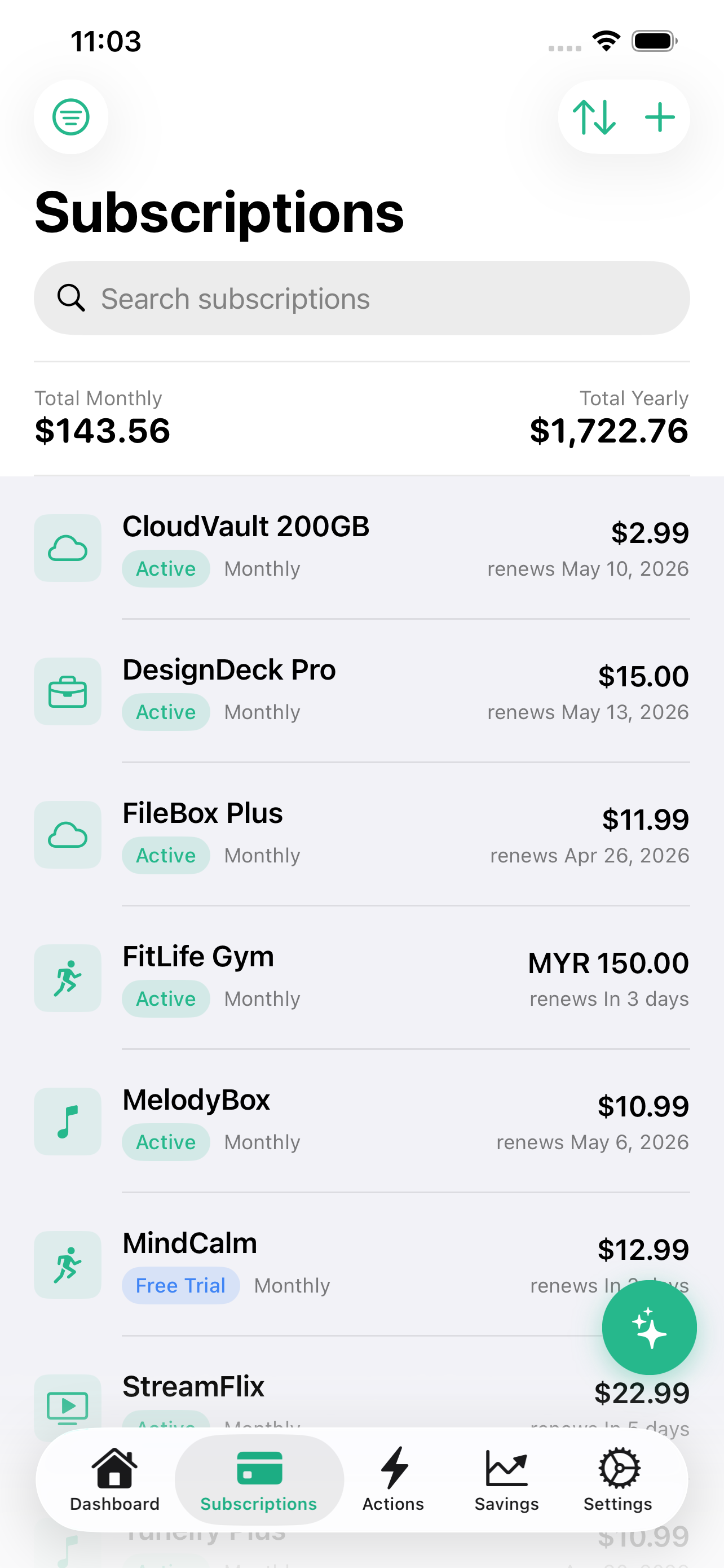 Subscriptions list grouped by category showing monthly cost
