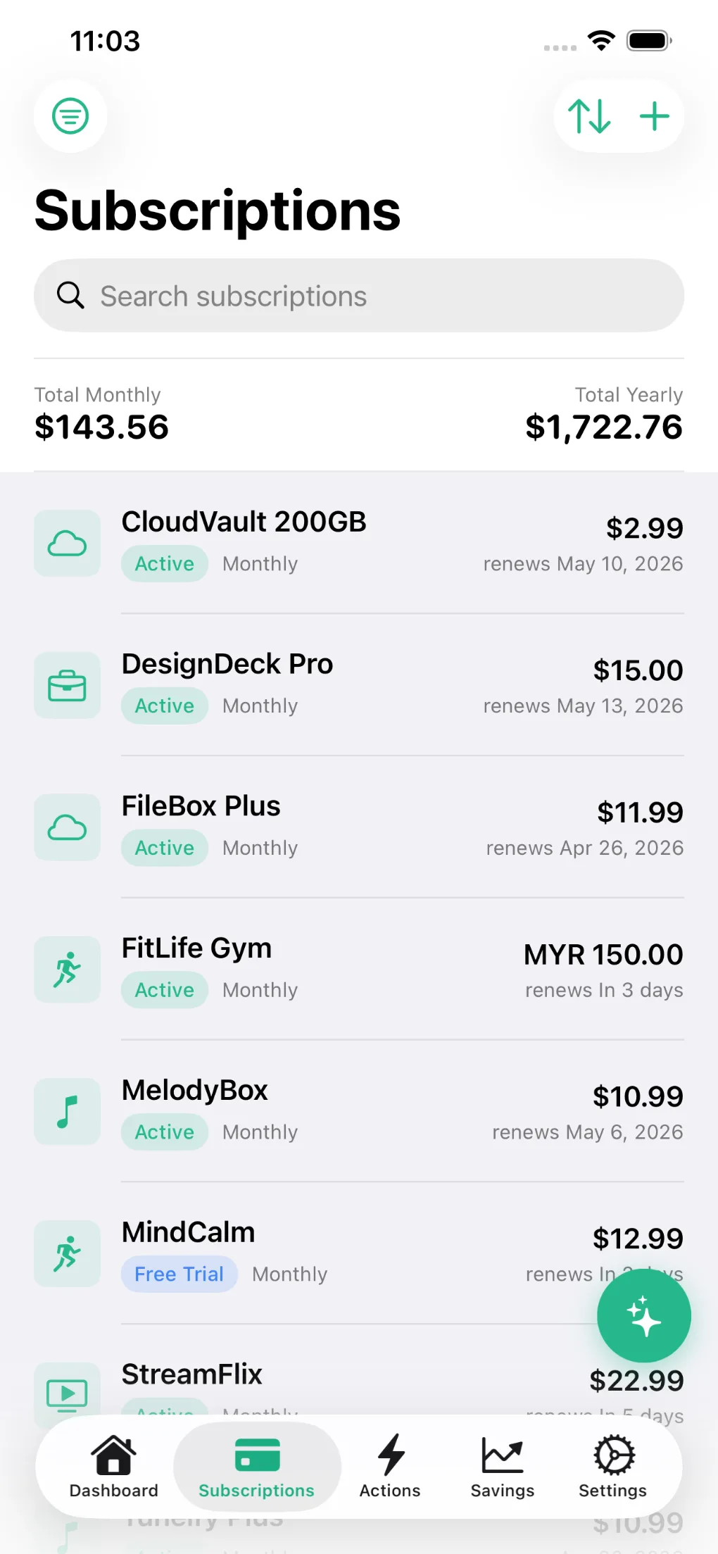 Subscriptions list grouped by category showing monthly cost