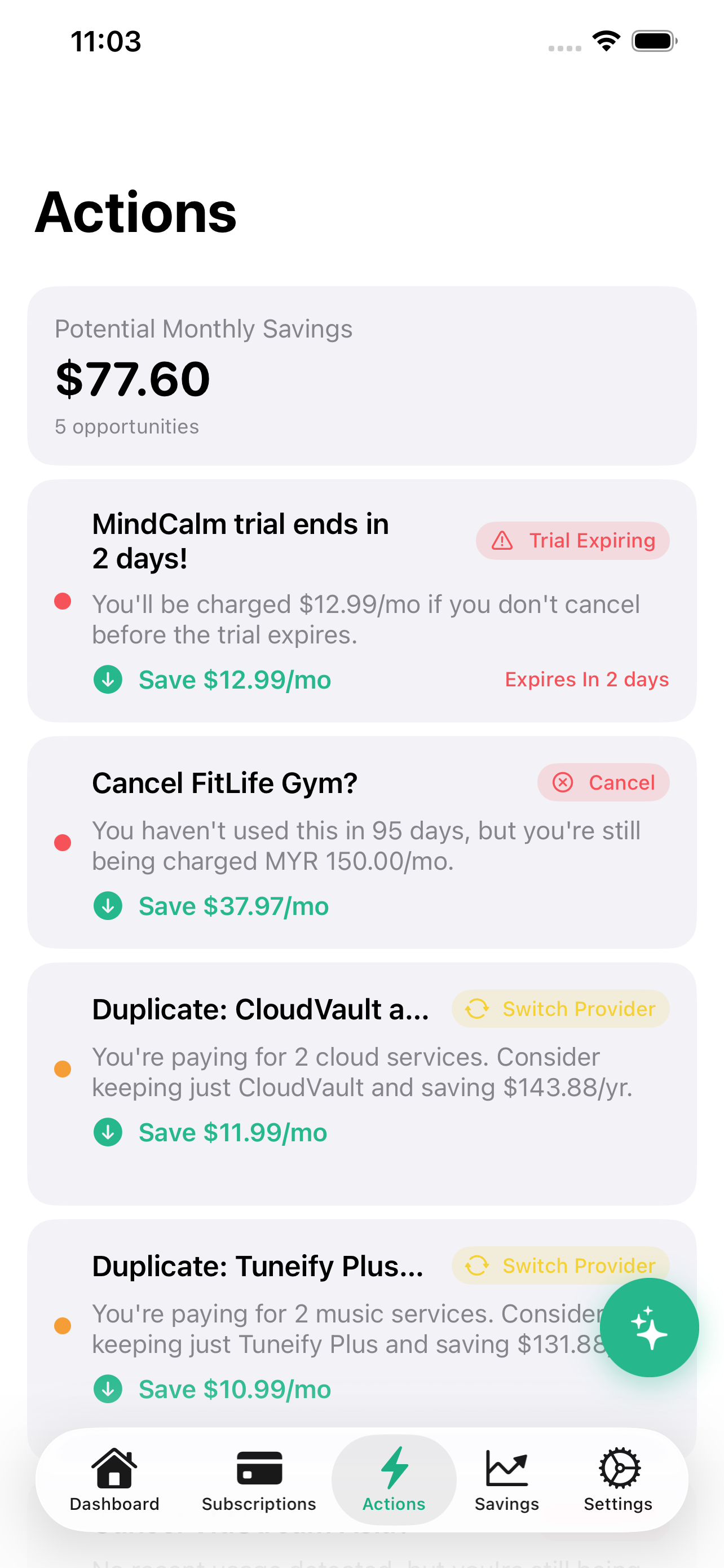 Actions feed with cancel and downgrade suggestions