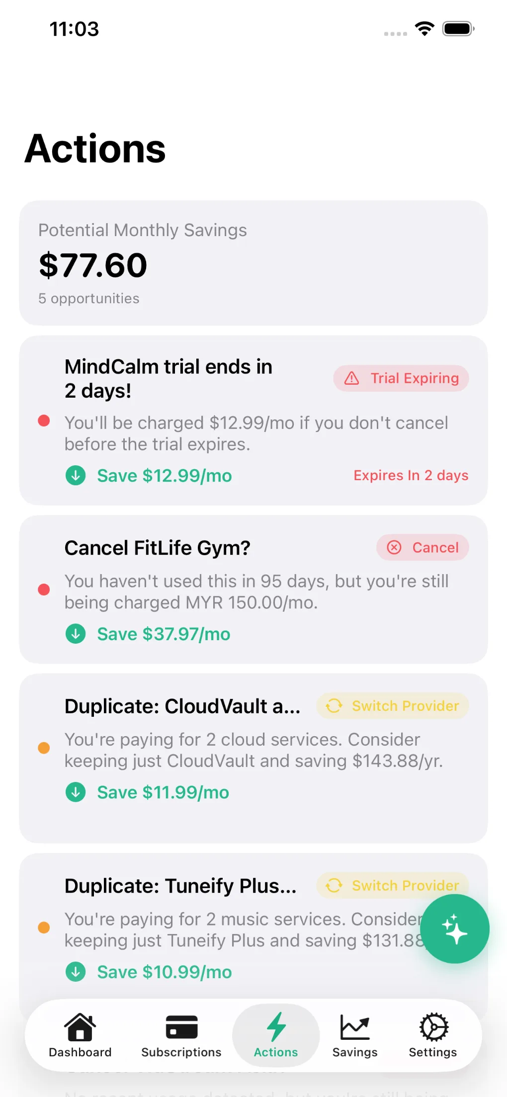 Actions feed with cancel and downgrade suggestions