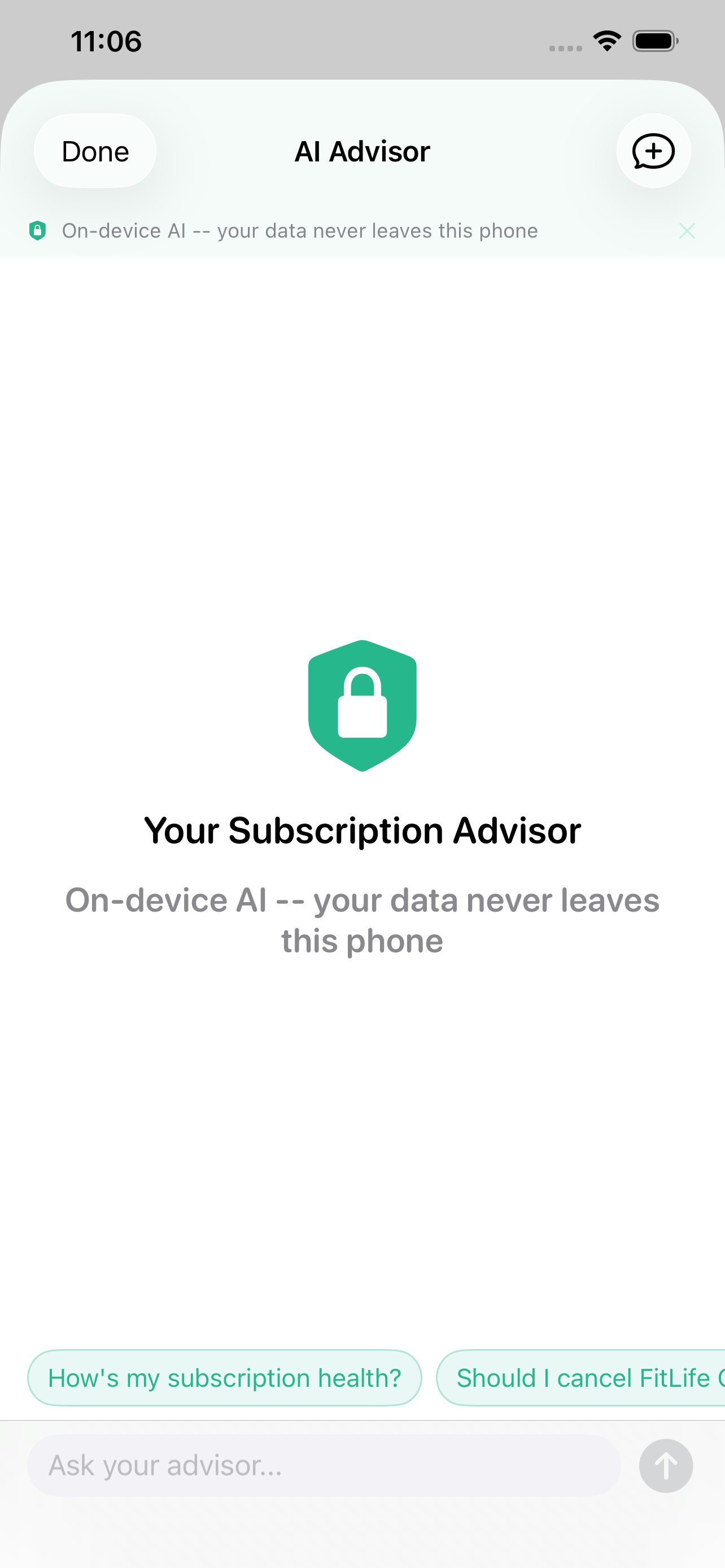 AI advisor chat showing on-device responses to subscription questions