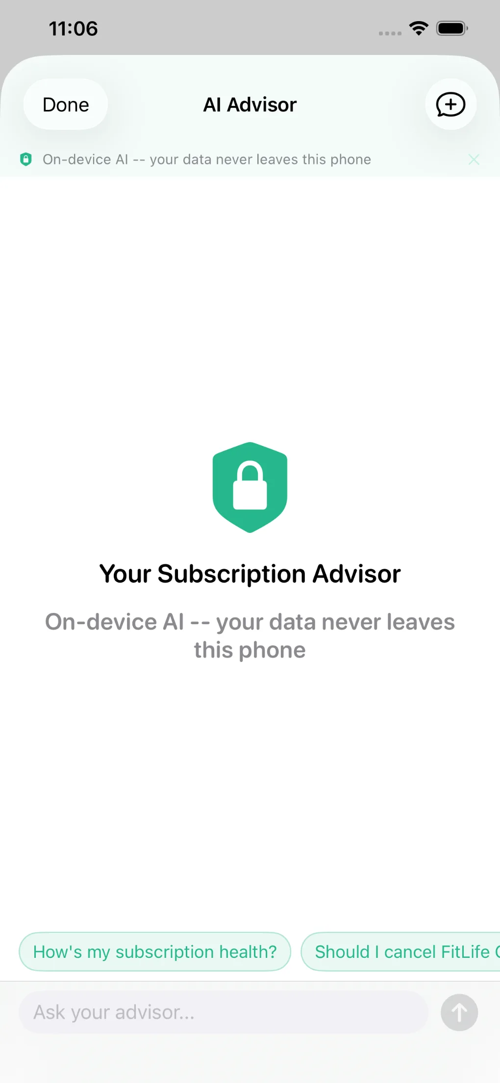 AI advisor chat showing on-device responses to subscription questions