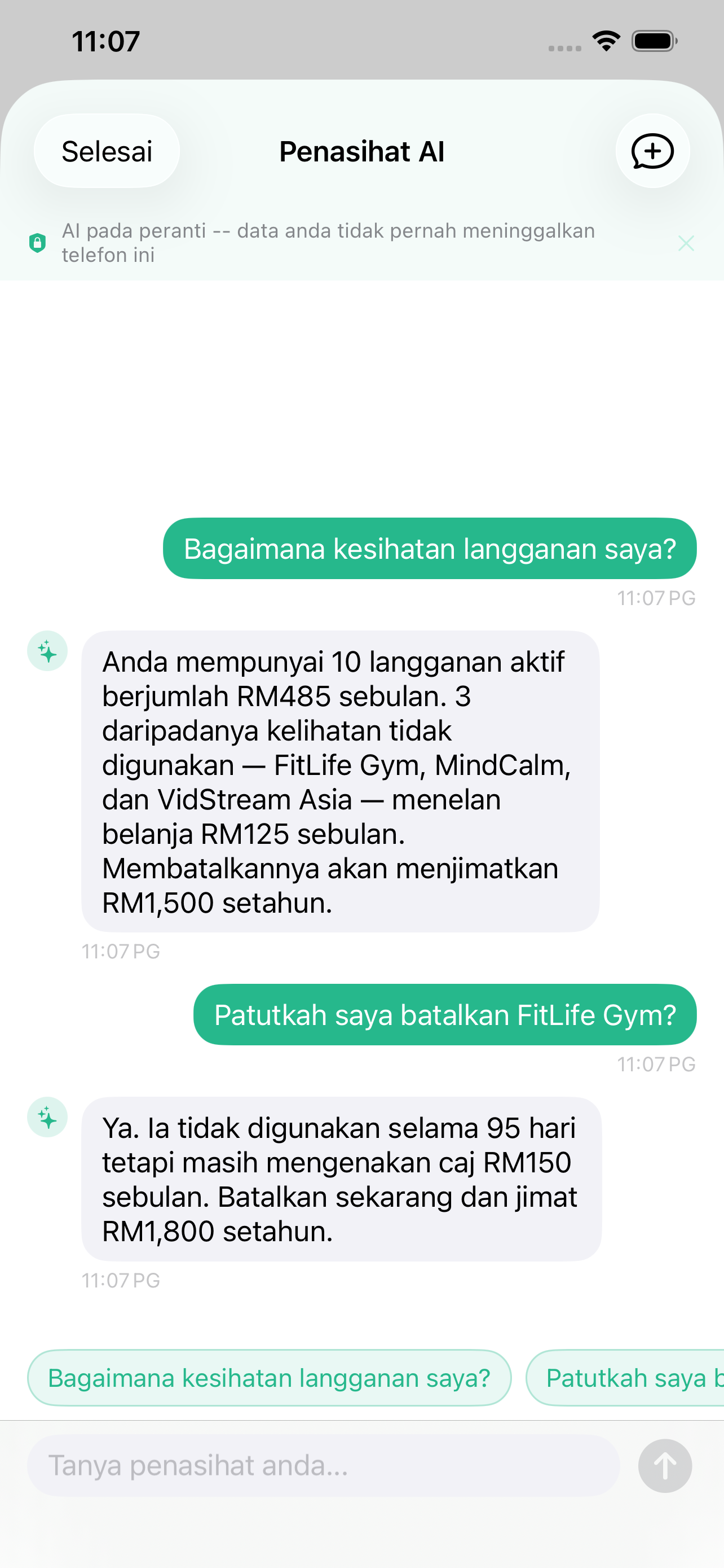AI advisor chat displayed in Bahasa Melayu