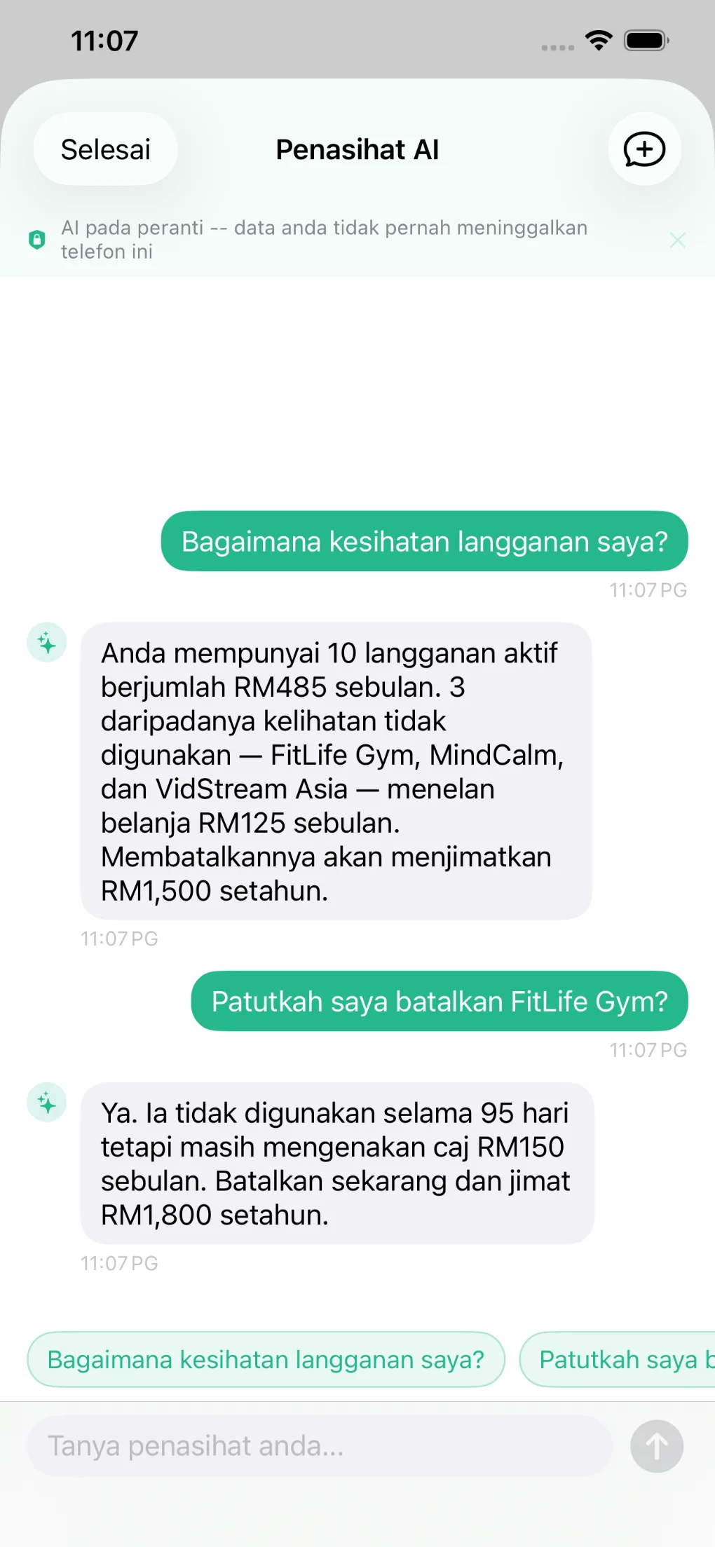 AI advisor chat displayed in Bahasa Melayu
